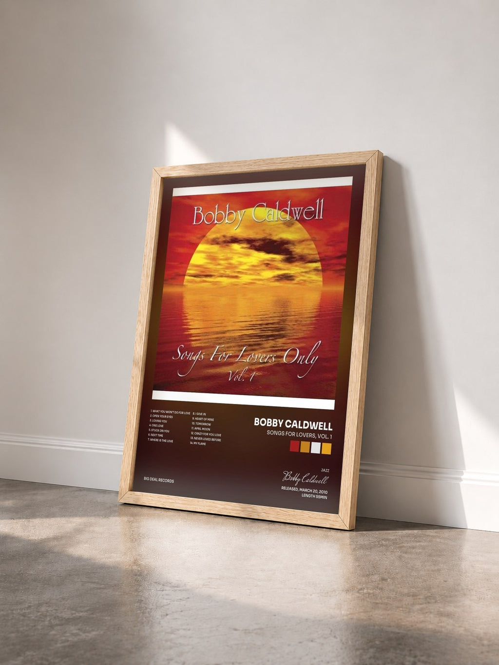 #bois Tableau de l'album Songs for Lovers, Vol. 1 de Bobby Caldwell vu de trois quarts, cadre en bois brut