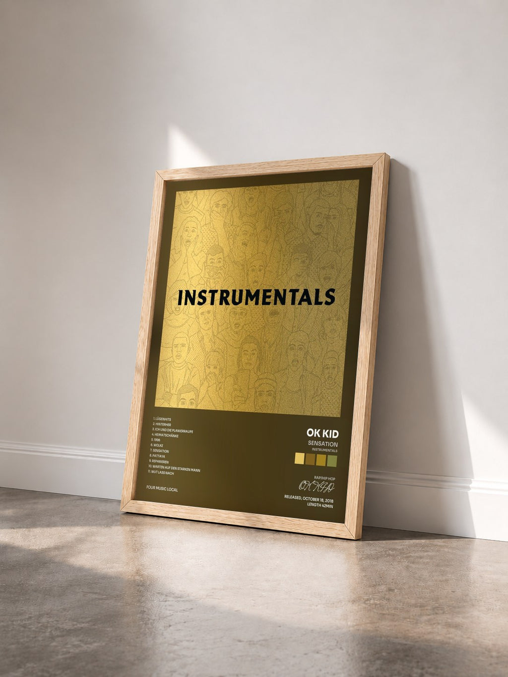 #bois Tableau de l'album Sensation (Instrumentals) de OK KID vu de trois quarts, cadre en bois brut