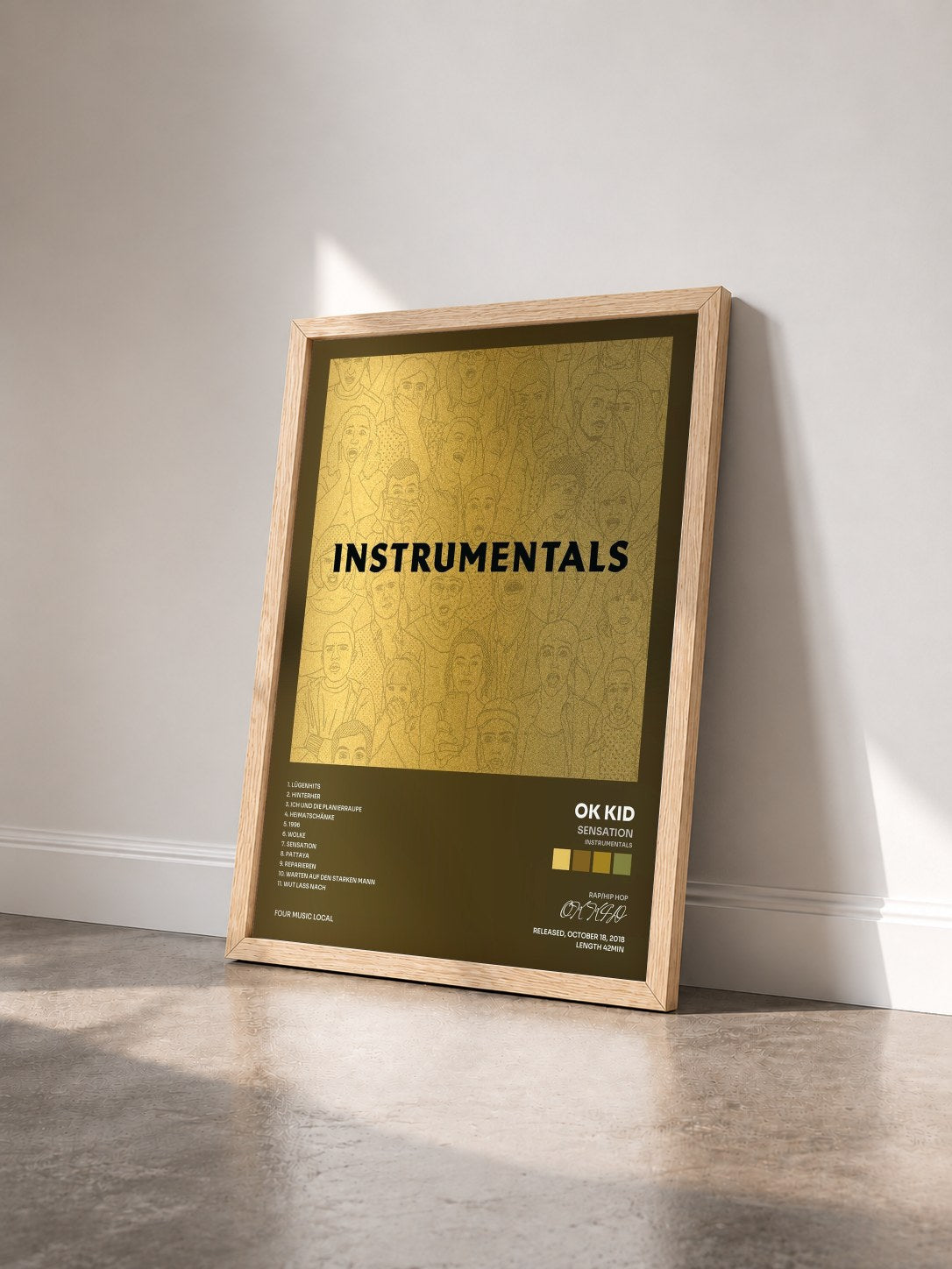 #bois Tableau de l'album Sensation (Instrumentals) de OK KID vu de trois quarts, cadre en bois brut