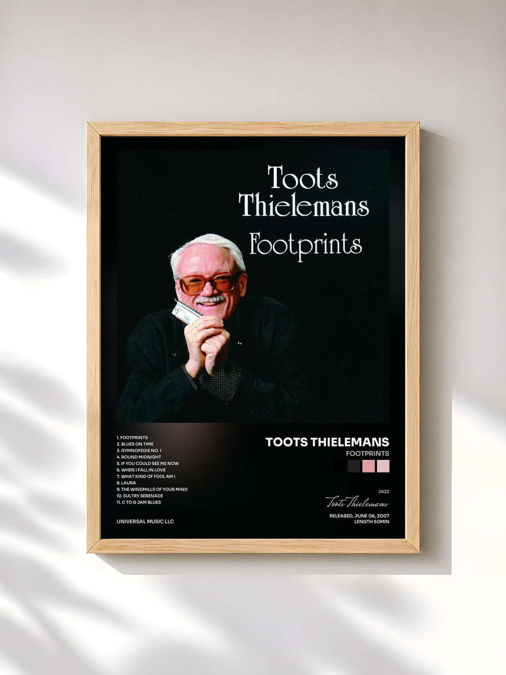 #bois Tableau de l'album Footprints de Toots Thielemans, cadre en bois brut, imprimé et encadré en France