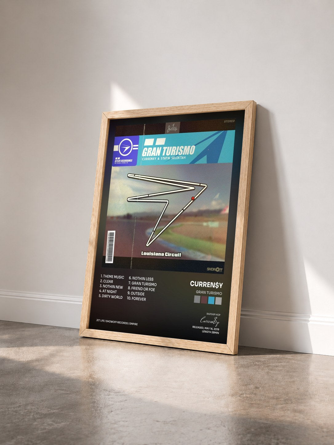 #bois Tableau de l'album Gran Turismo de Curren$y vu de trois quarts, cadre en bois brut