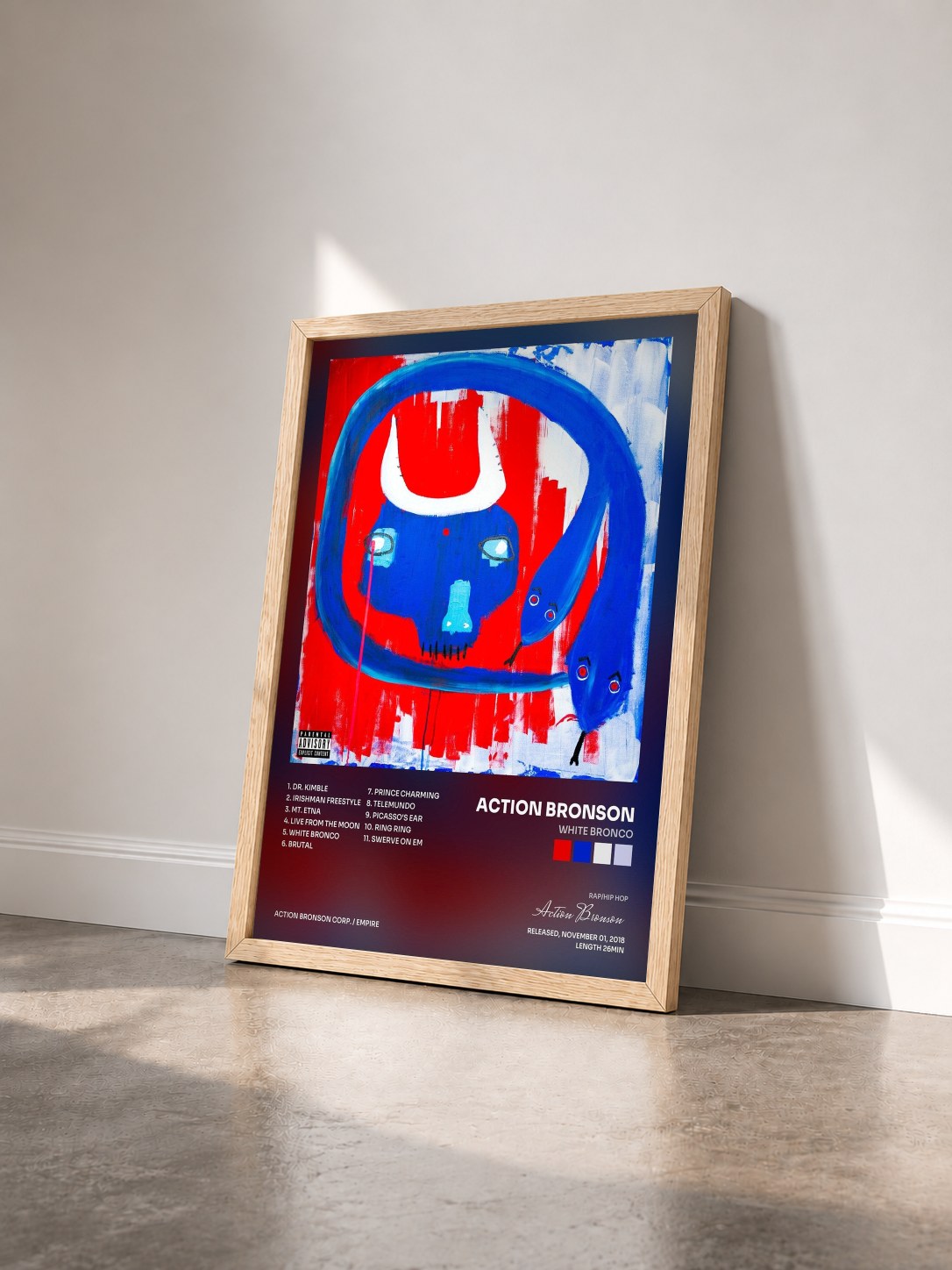 #bois Tableau de l'album White Bronco de Action Bronson vu de trois quarts, cadre en bois brut