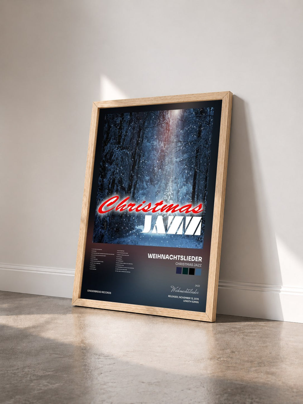 #bois Tableau de l'album Christmas Jazz de Weihnachtslieder vu de trois quarts, cadre en bois brut