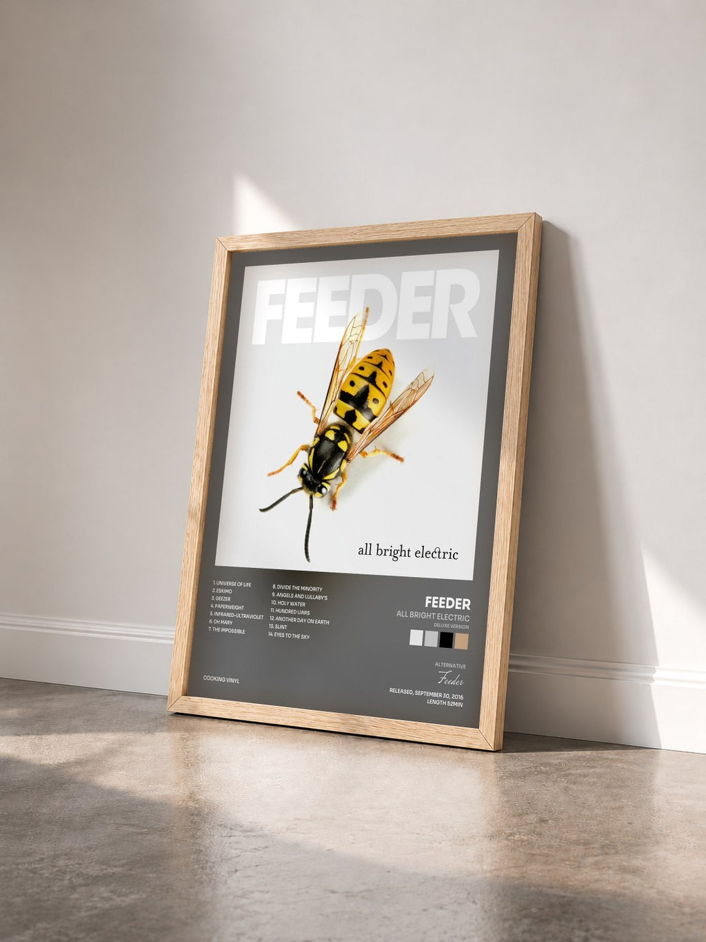 #bois Tableau de l'album All Bright Electric (Deluxe Version) de Feeder vu de trois quarts, cadre en bois brut