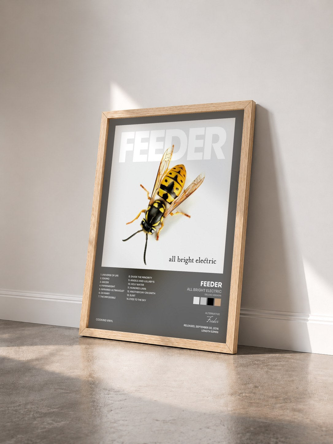#bois Tableau de l'album All Bright Electric (Deluxe Version) de Feeder vu de trois quarts, cadre en bois brut
