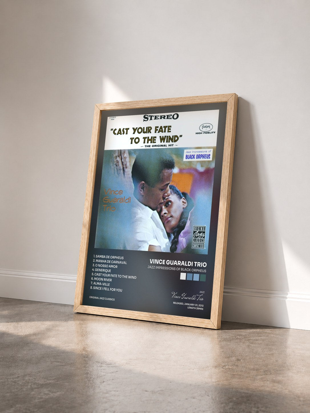 #bois Tableau de l'album Jazz Impressions Of Black Orpheus de Vince Guaraldi Trio vu de trois quarts, cadre en bois brut