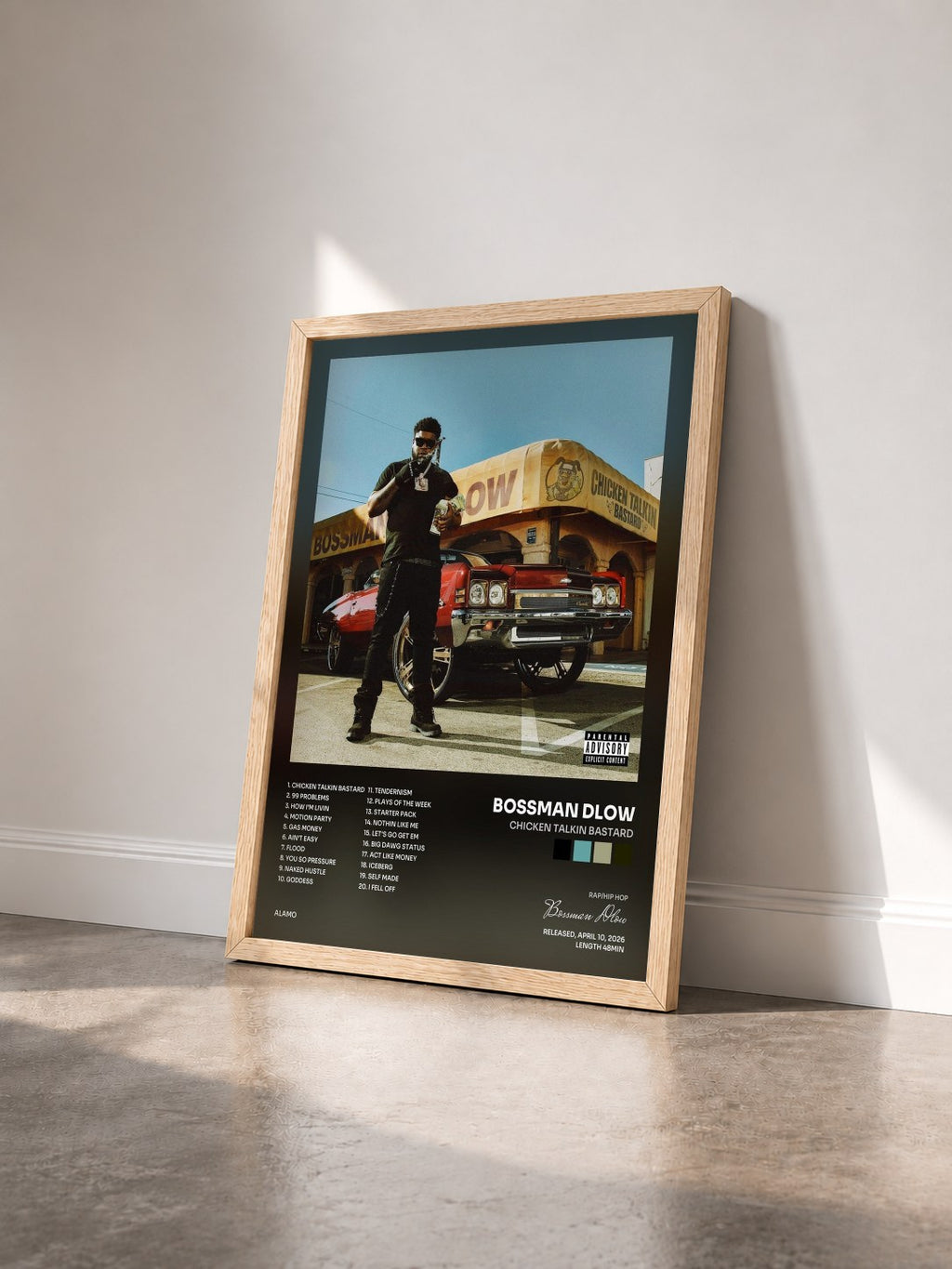 #bois Tableau de l'album Chicken Talkin Bastard de Bossman Dlow vu de trois quarts, cadre en bois brut