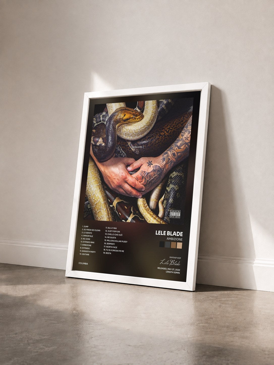 #blanc Tableau de l'album AMBIZIONE de Lele Blade vu de trois quarts, cadre blanc