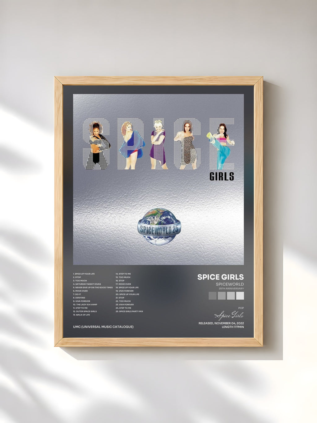 #bois Tableau de l'album Spiceworld (25th Anniversary) de Spice Girls, cadre en bois brut, imprimé et encadré en France