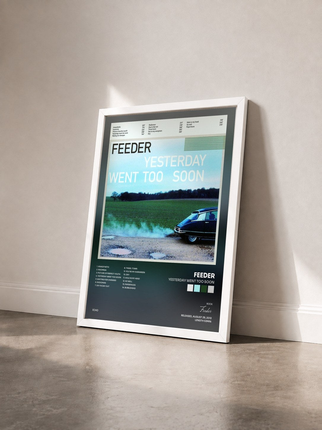 #blanc Tableau de l'album Yesterday Went Too Soon de Feeder vu de trois quarts, cadre blanc