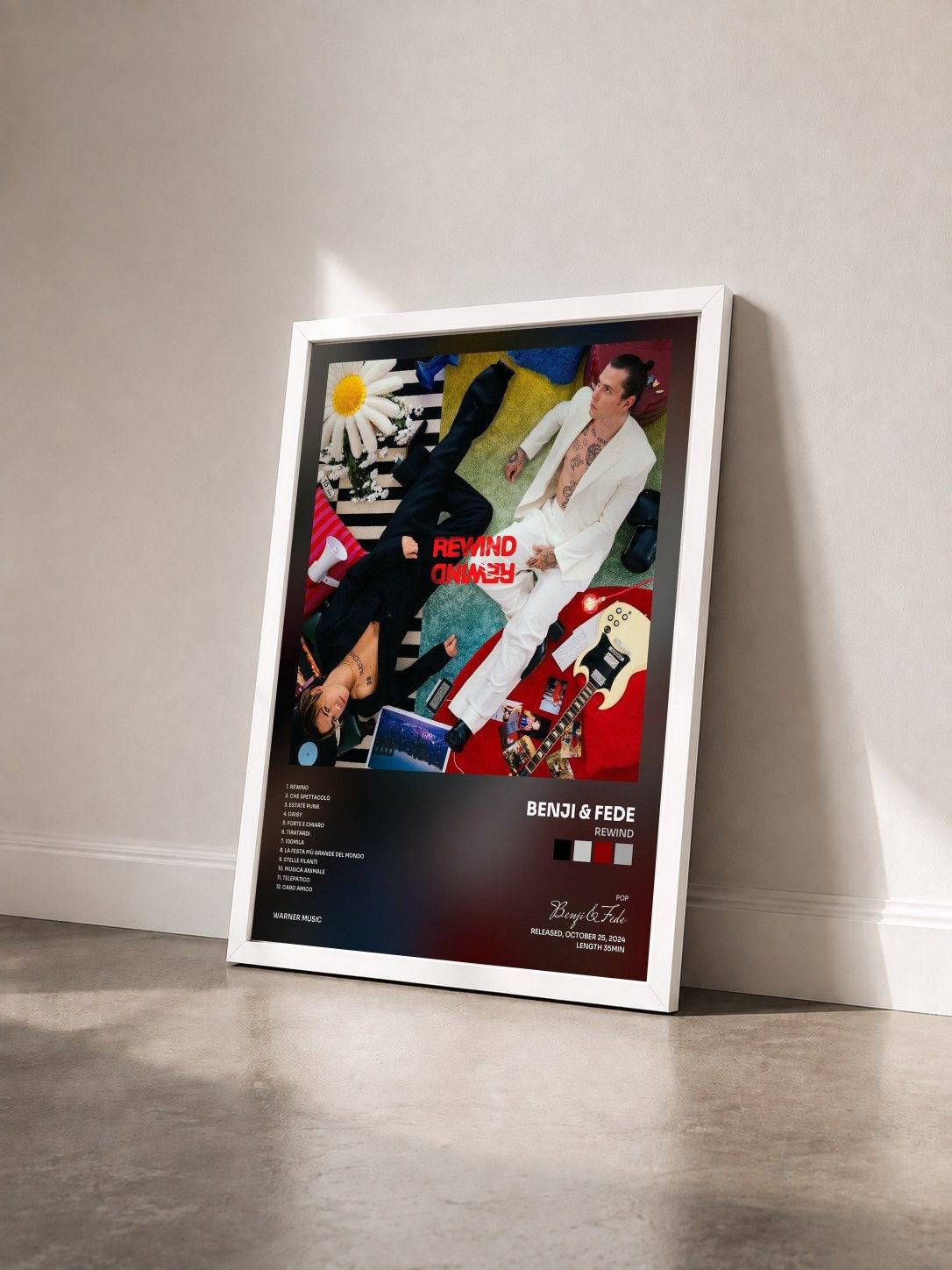 #blanc Tableau de l'album REWIND de Benji & Fede vu de trois quarts, cadre blanc