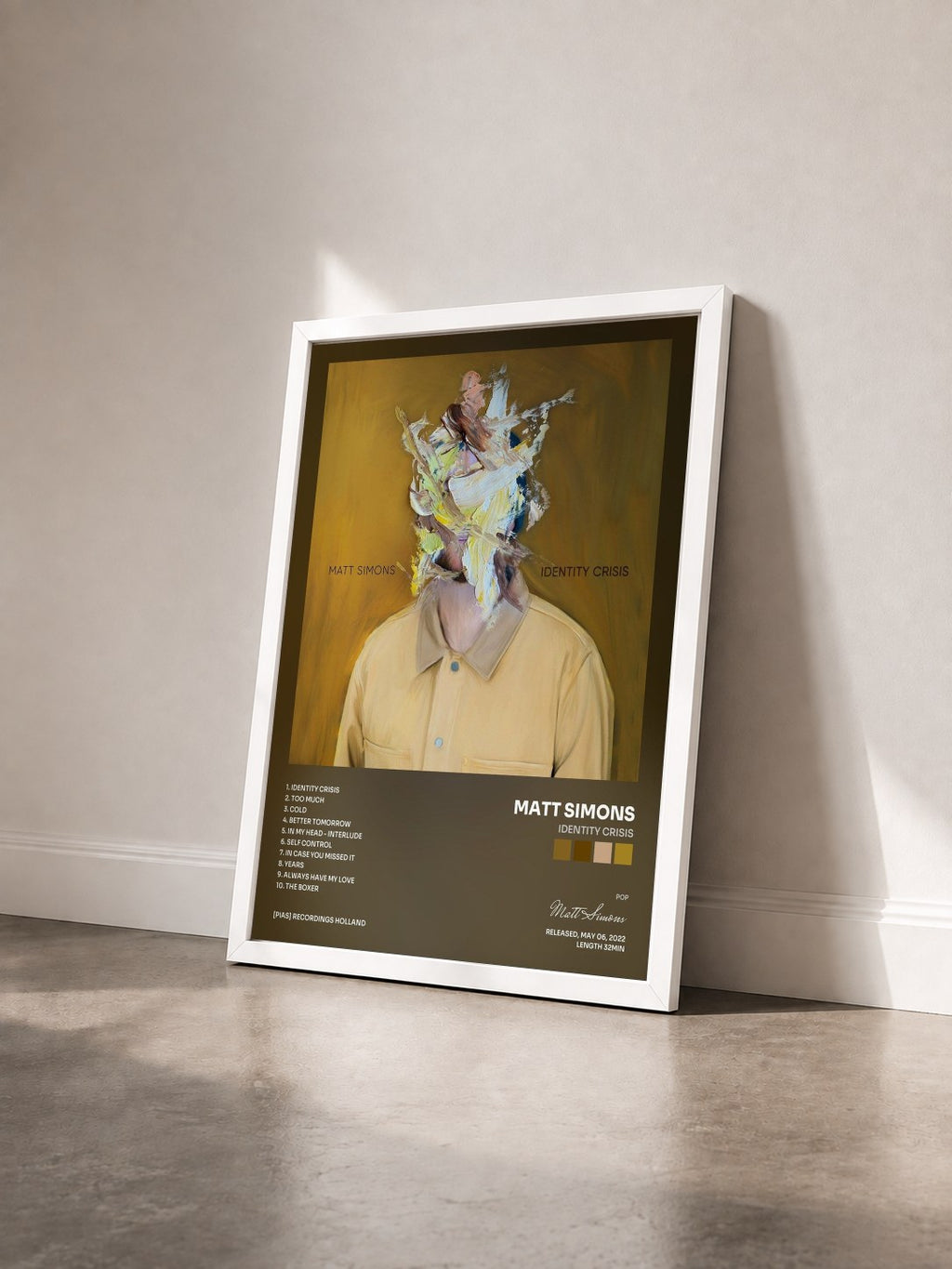 #blanc Tableau de l'album Identity Crisis de Matt Simons vu de trois quarts, cadre blanc