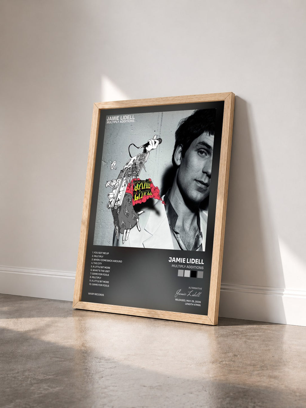 #bois Tableau de l'album Multiply Additions de Jamie Lidell vu de trois quarts, cadre en bois brut