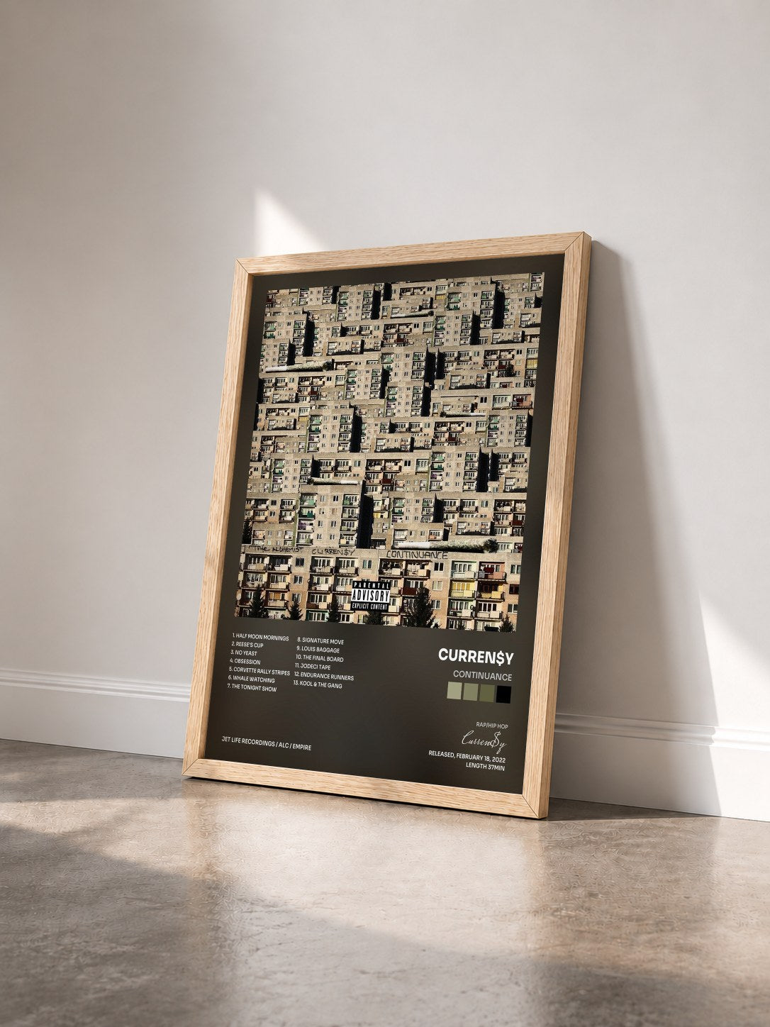 #bois Tableau de l'album Continuance de Curren$y vu de trois quarts, cadre en bois brut
