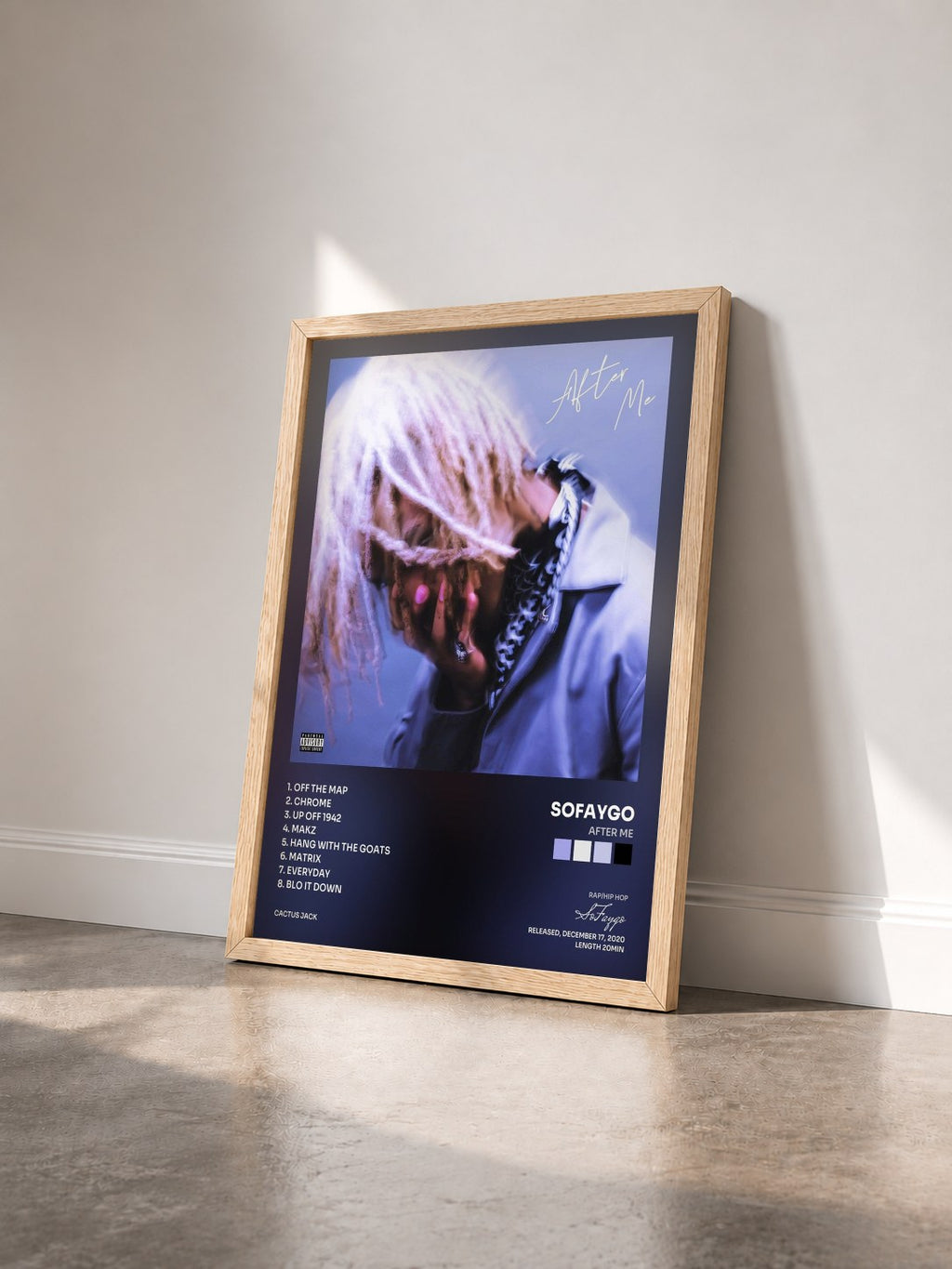 #bois Tableau de l'album After Me de SoFaygo vu de trois quarts, cadre en bois brut
