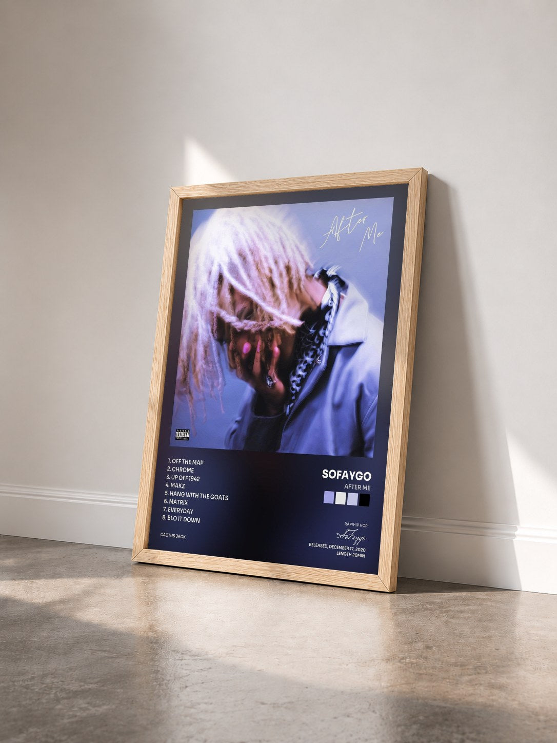 #bois Tableau de l'album After Me de SoFaygo vu de trois quarts, cadre en bois brut