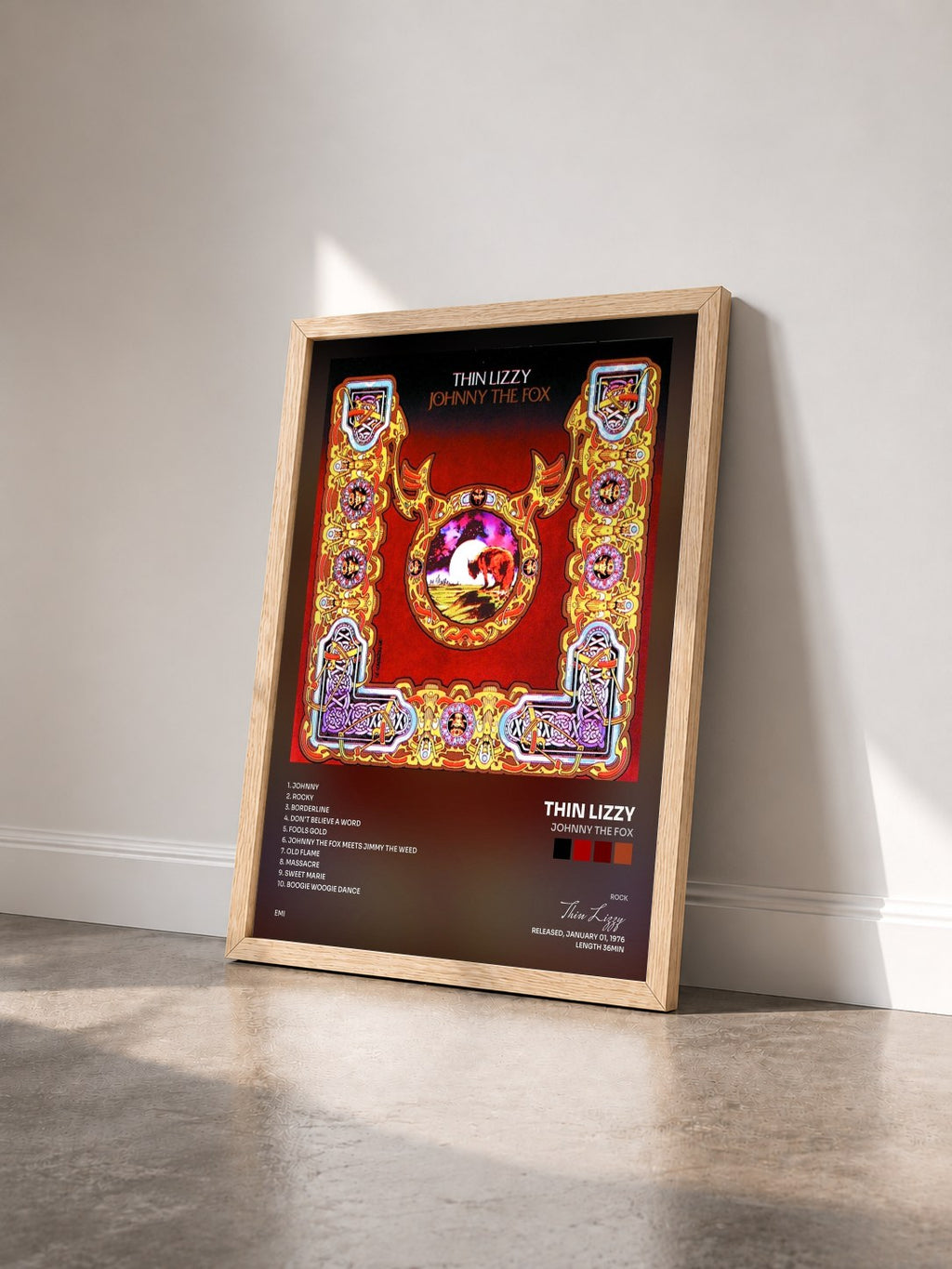 #bois Tableau de l'album Johnny The Fox de Thin Lizzy vu de trois quarts, cadre en bois brut