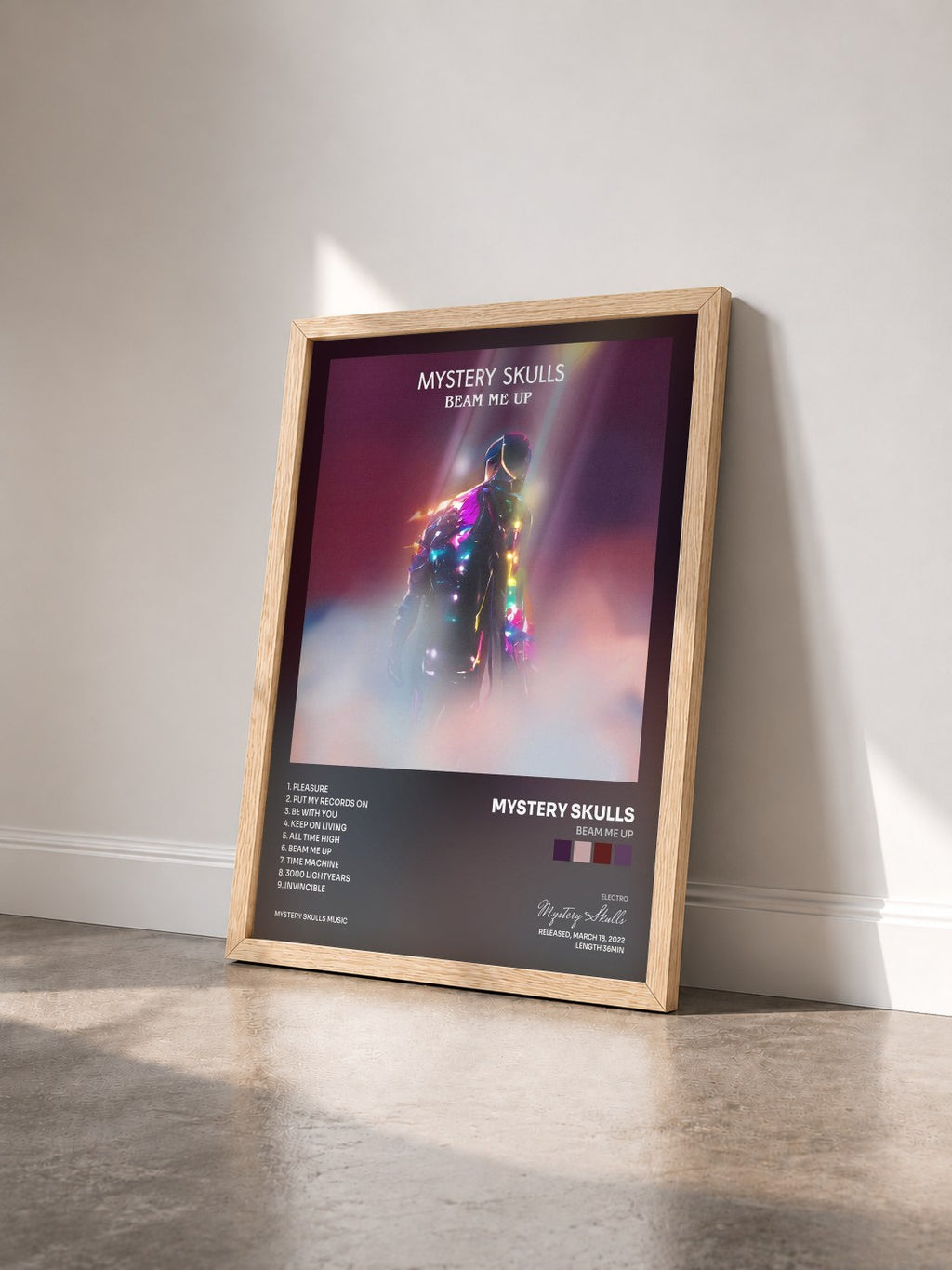 #bois Tableau de l'album Beam Me Up de Mystery Skulls vu de trois quarts, cadre en bois brut