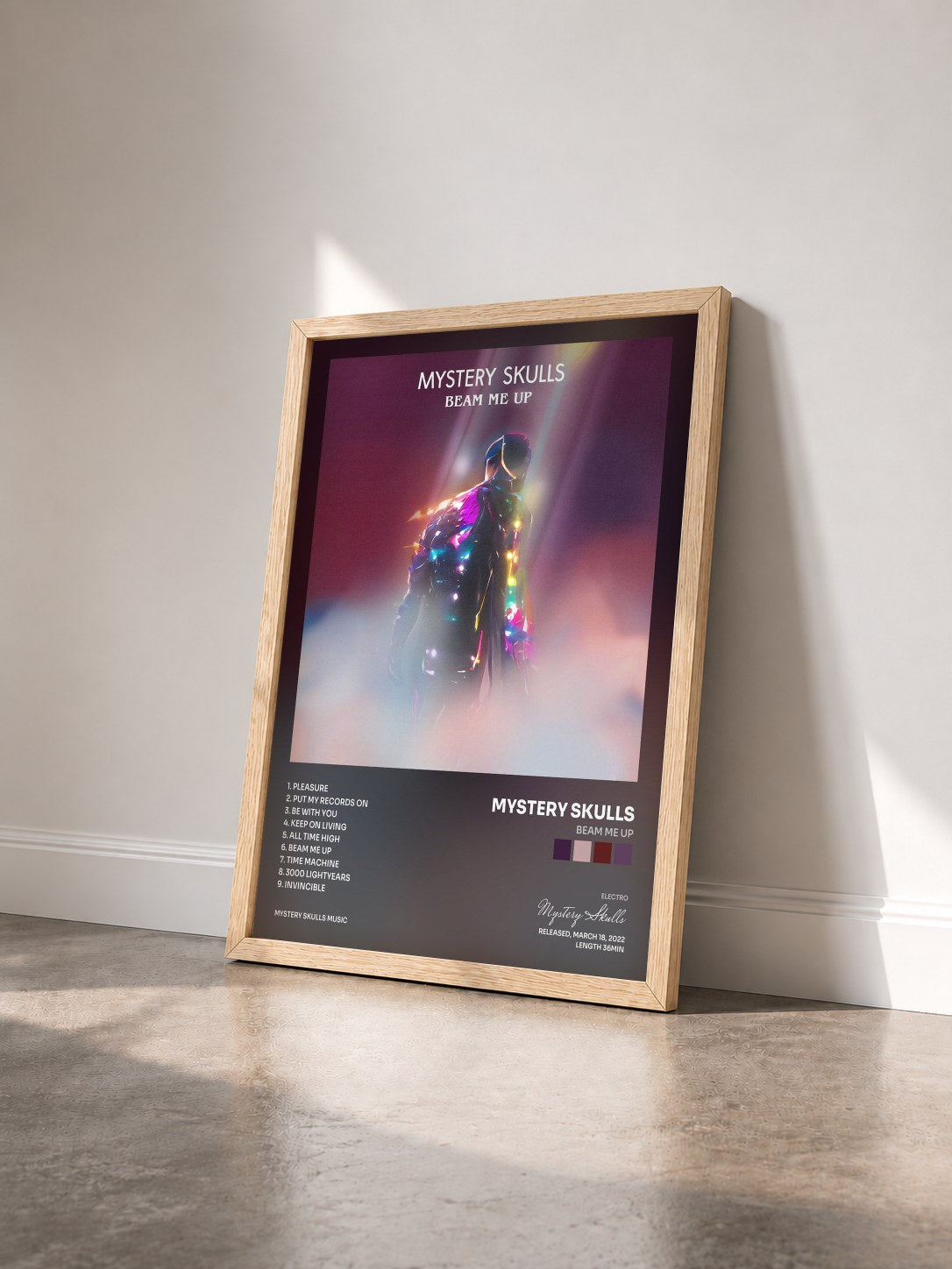 #bois Tableau de l'album Beam Me Up de Mystery Skulls vu de trois quarts, cadre en bois brut