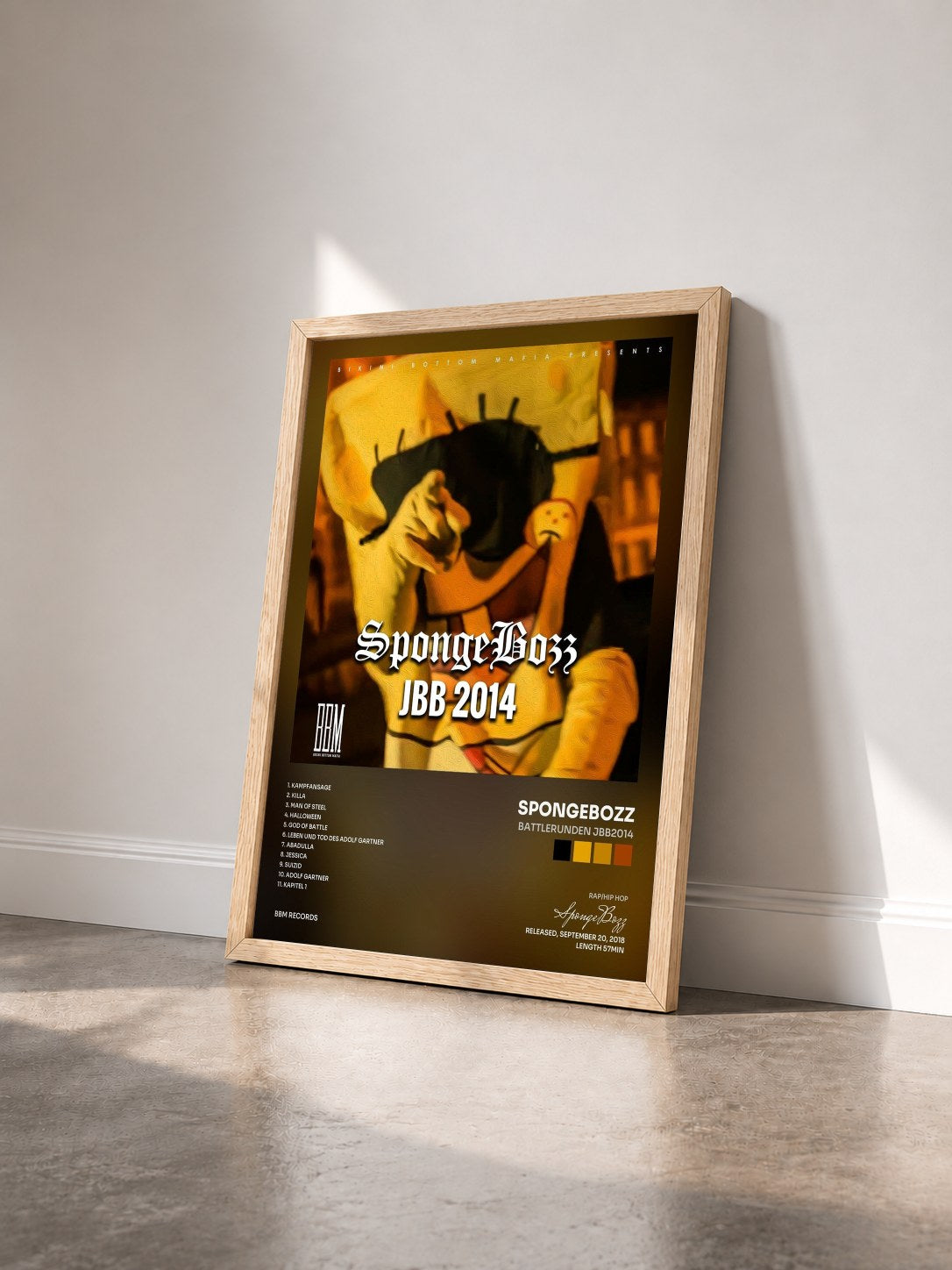 #bois Tableau de l'album Battlerunden JBB2014 de SpongeBozz vu de trois quarts, cadre en bois brut