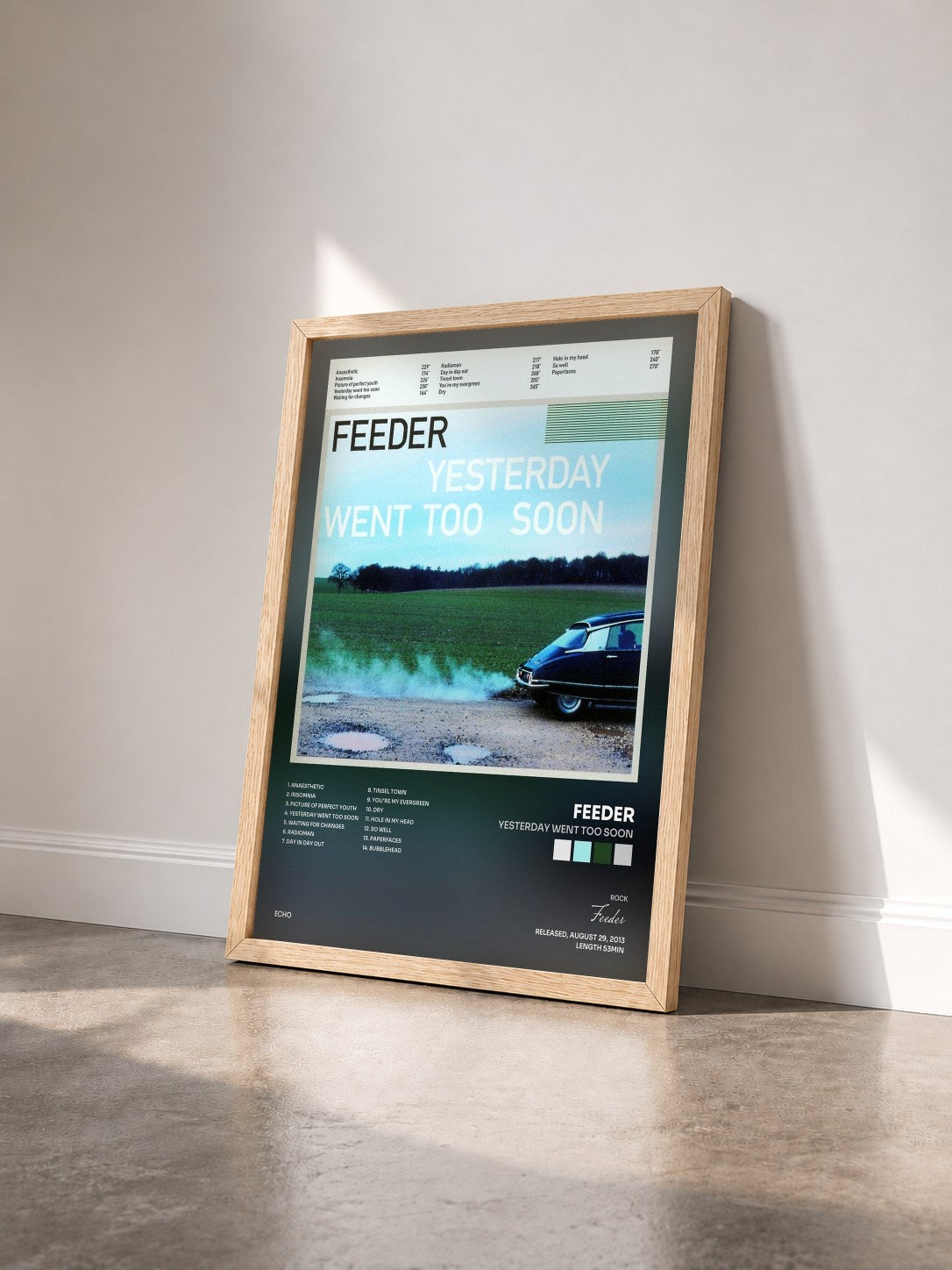 #bois Tableau de l'album Yesterday Went Too Soon de Feeder vu de trois quarts, cadre en bois brut