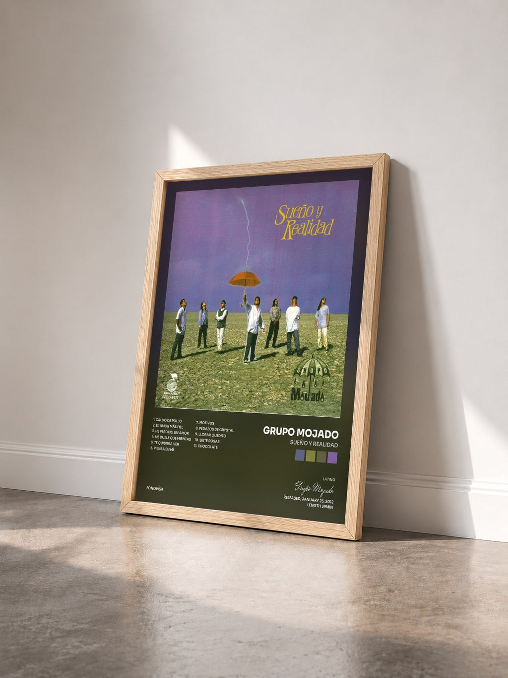 #bois Tableau de l'album Sueño Y Realidad de Grupo Mojado vu de trois quarts, cadre en bois brut