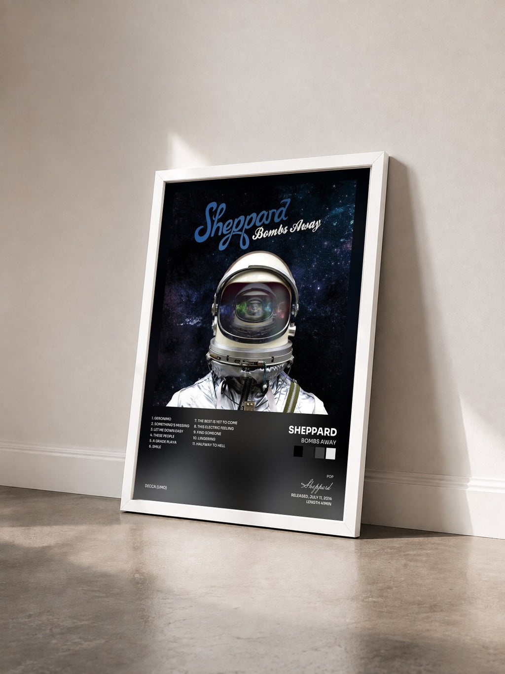 #blanc Tableau de l'album Bombs Away de Sheppard vu de trois quarts, cadre blanc