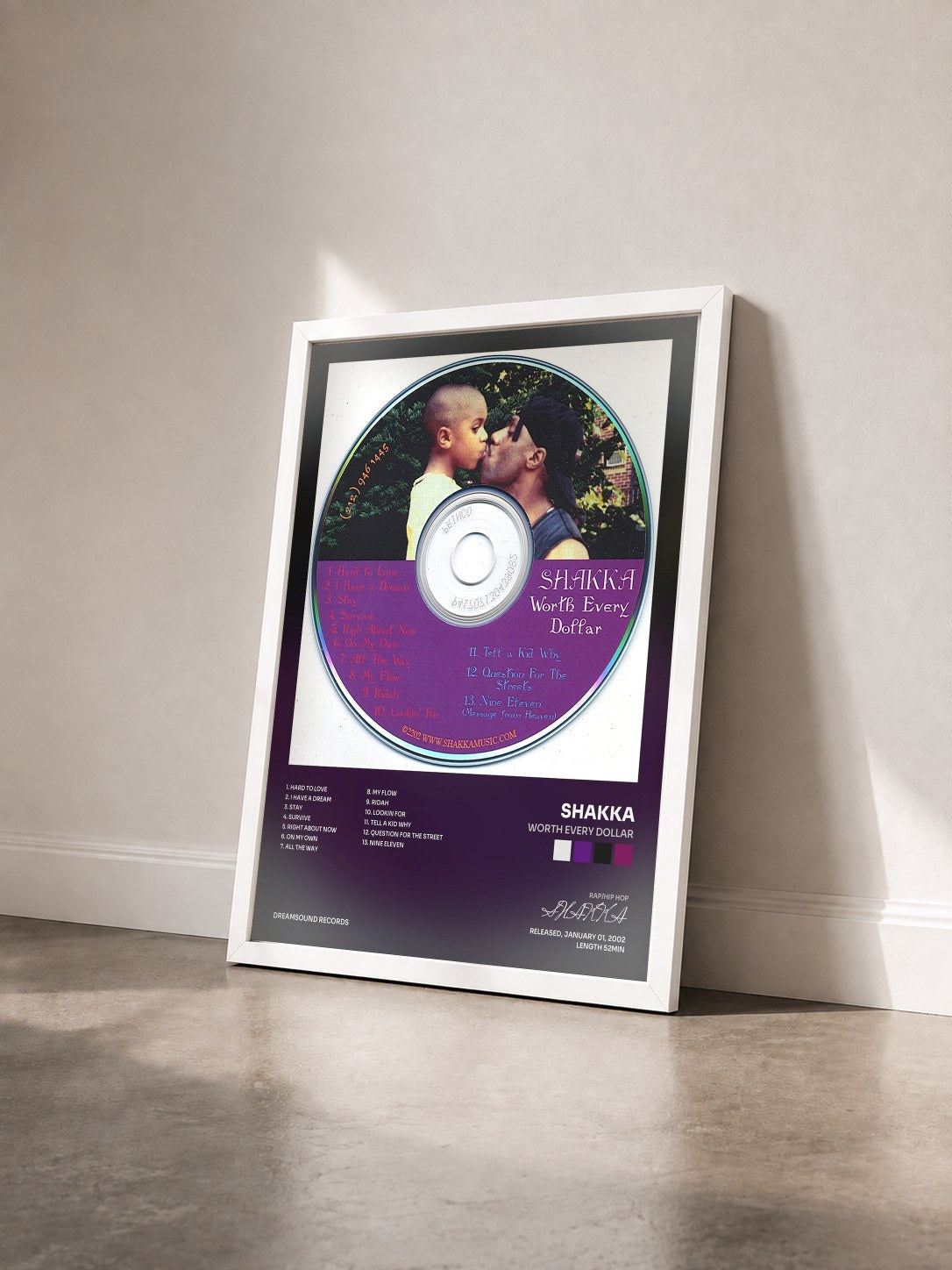 #blanc Tableau de l'album Worth Every Dollar de SHAKKA vu de trois quarts, cadre blanc