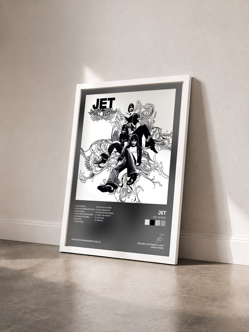 #blanc Tableau de l'album Get Born de Jet vu de trois quarts, cadre blanc