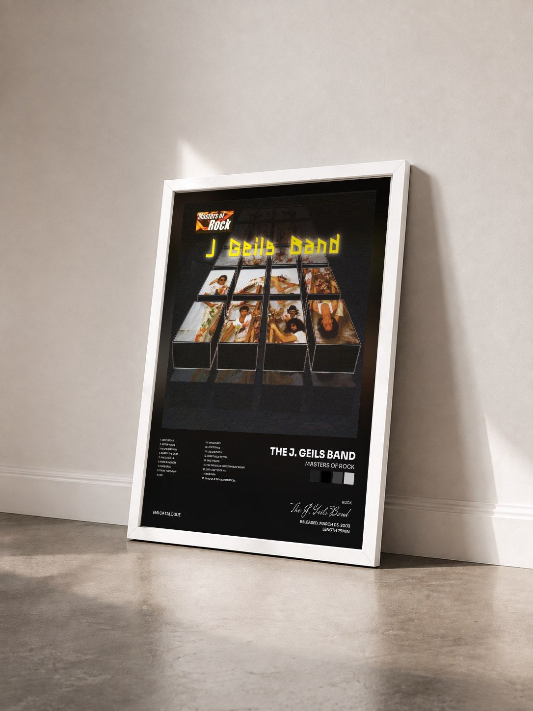 #blanc Tableau de l'album Masters Of Rock de The J. Geils Band vu de trois quarts, cadre blanc