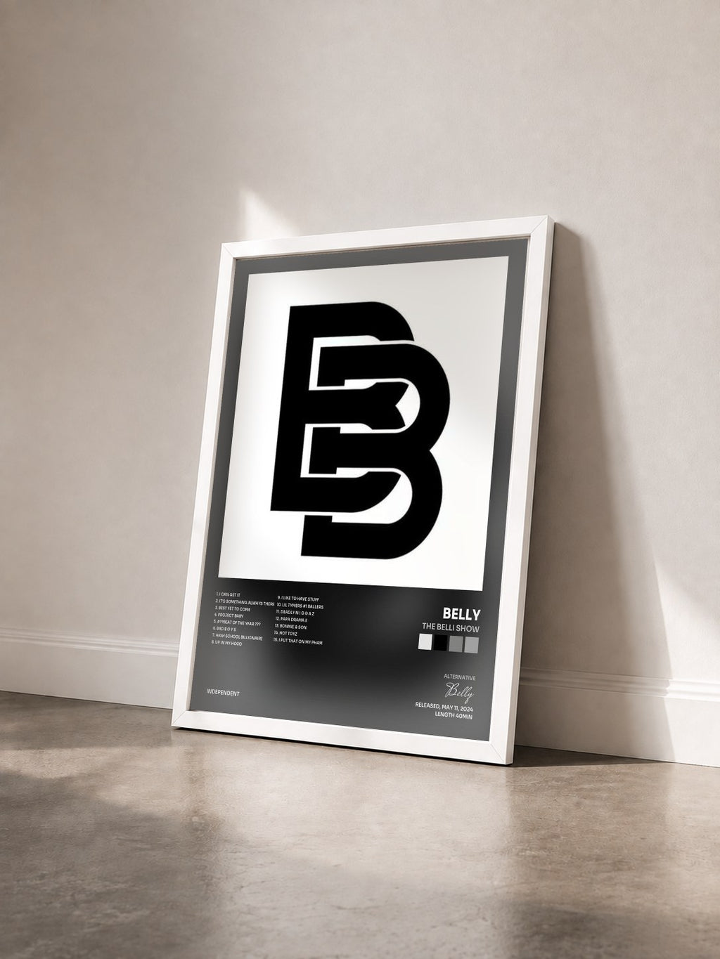 #blanc Tableau de l'album The Belli Show de Belly vu de trois quarts, cadre blanc