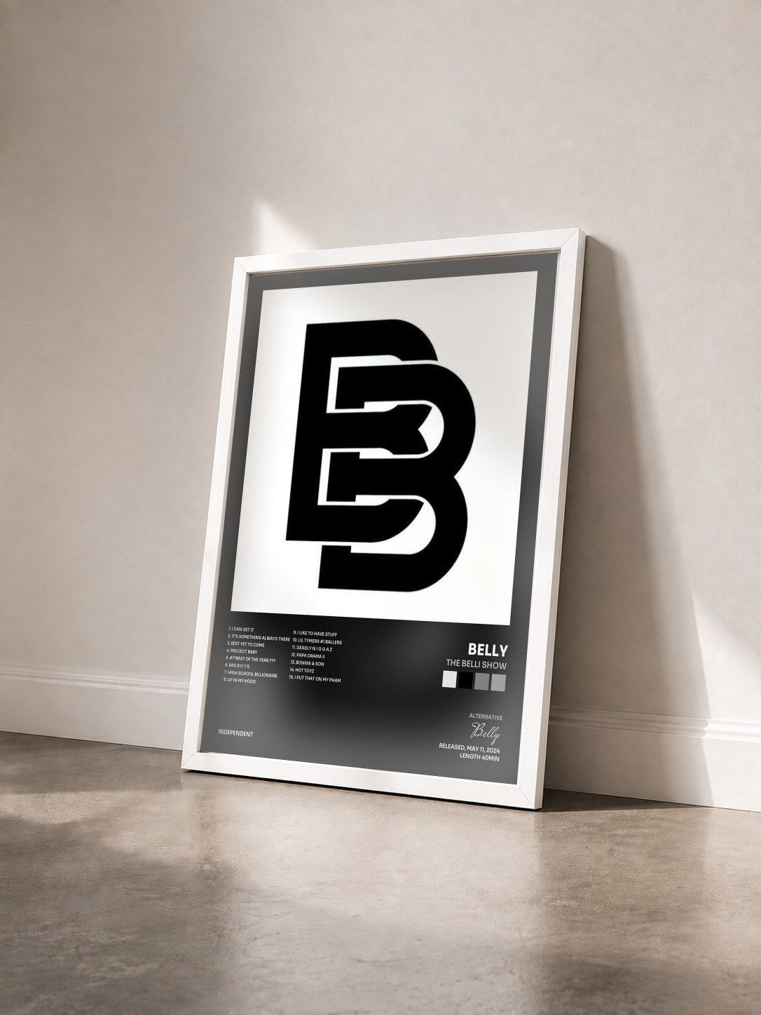 #blanc Tableau de l'album The Belli Show de Belly vu de trois quarts, cadre blanc