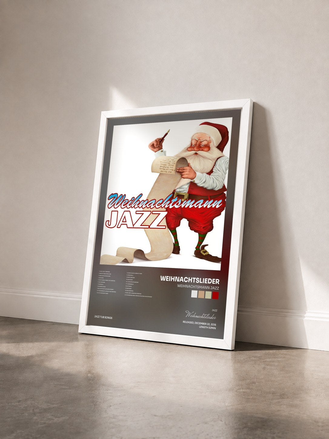 #blanc Tableau de l'album Weihnachtsmann Jazz de Weihnachtslieder vu de trois quarts, cadre blanc