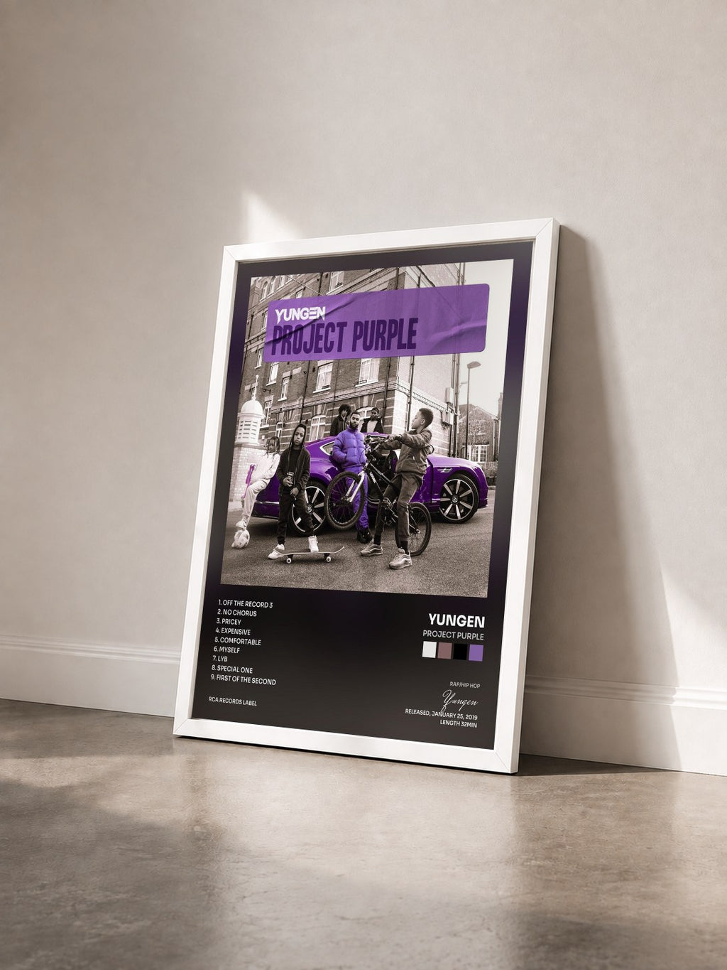 #blanc Tableau de l'album Project Purple de Yungen vu de trois quarts, cadre blanc