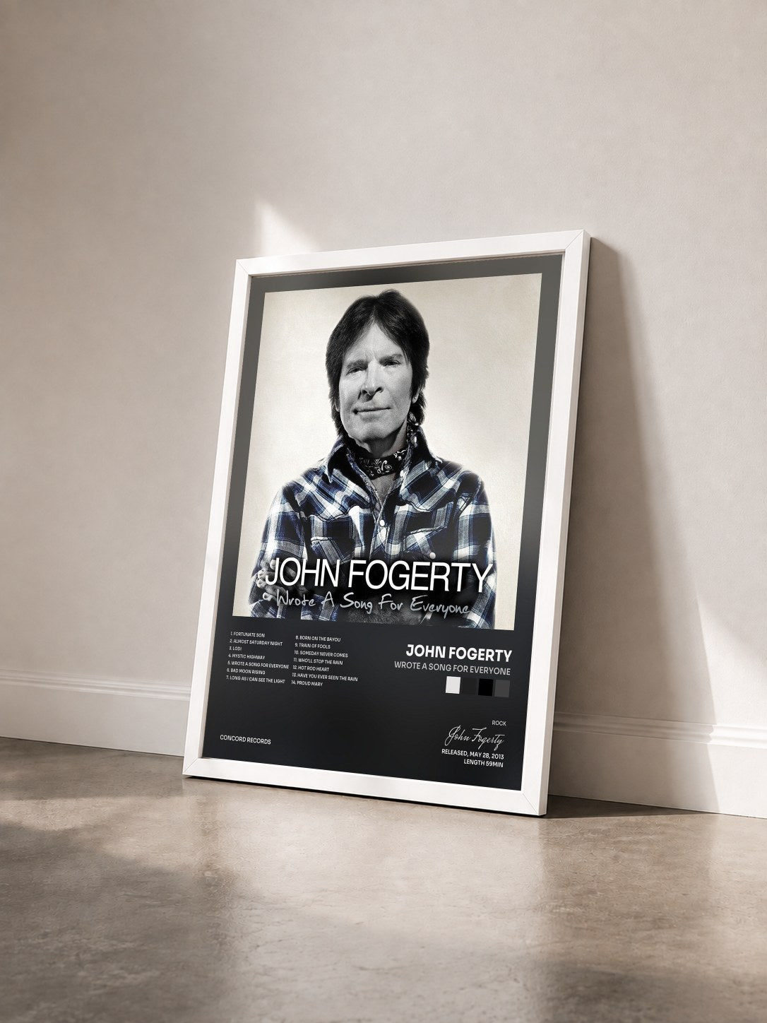 #blanc Tableau de l'album Wrote A Song For Everyone de John Fogerty vu de trois quarts, cadre blanc