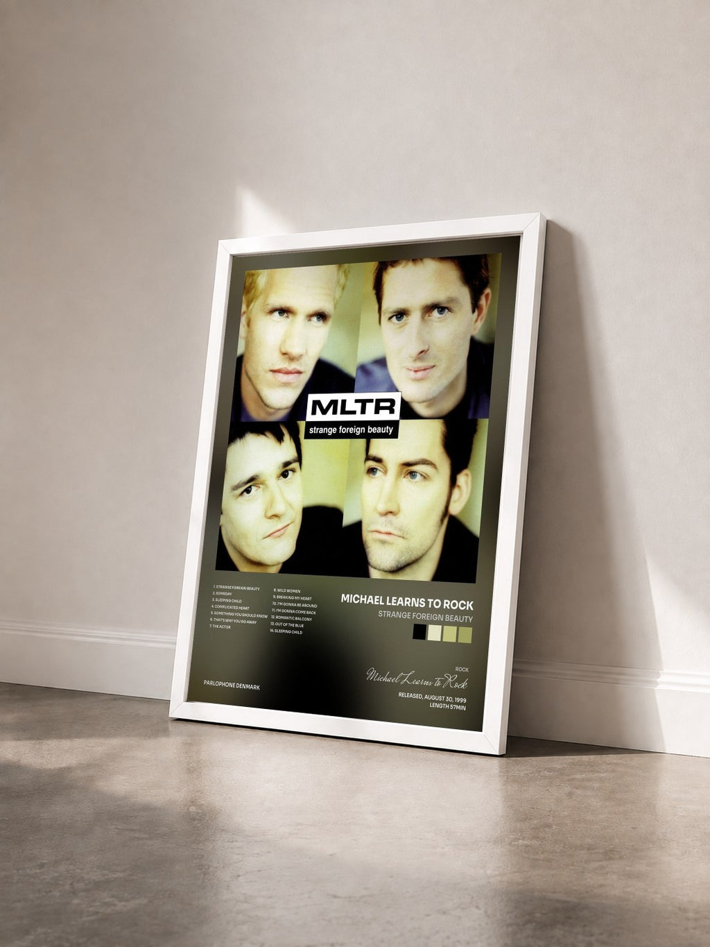 #blanc Tableau de l'album Strange Foreign Beauty de Michael Learns to Rock vu de trois quarts, cadre blanc