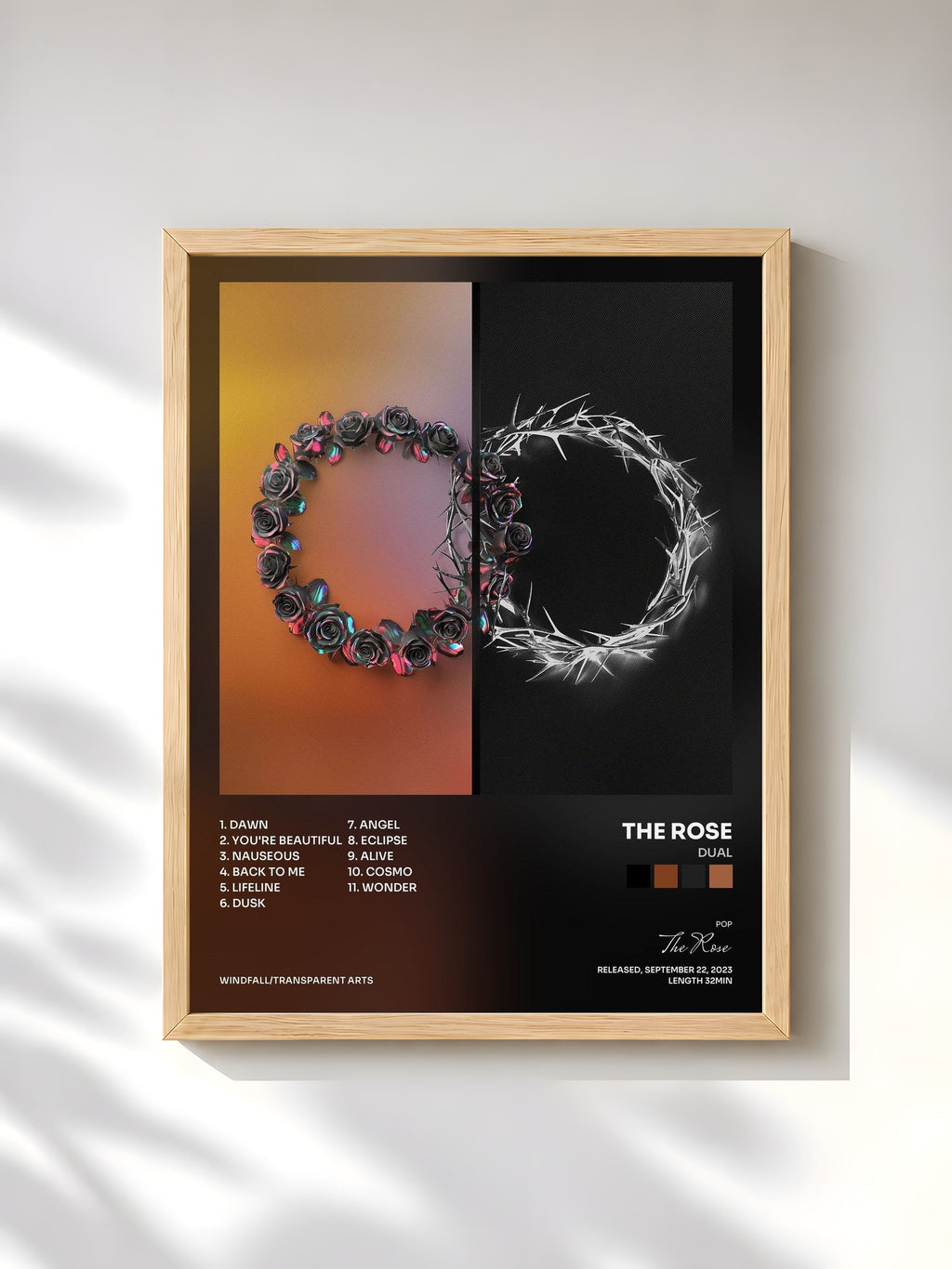 #bois Tableau de l'album DUAL de The Rose, cadre en bois brut, imprimé et encadré en France