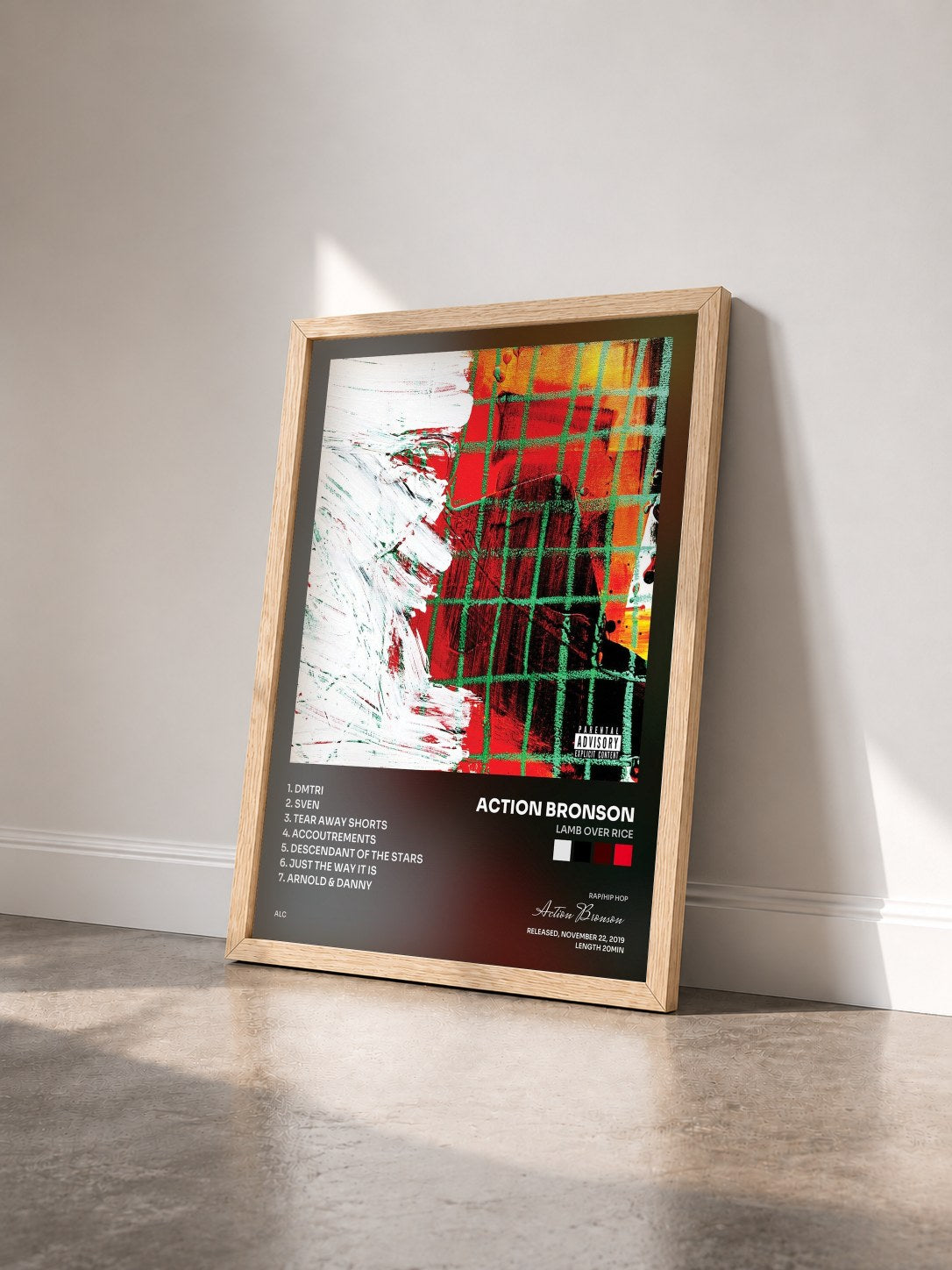 #bois Tableau de l'album Lamb Over Rice de Action Bronson vu de trois quarts, cadre en bois brut