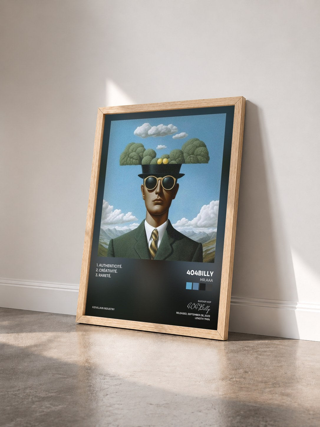 #bois Tableau de l'album Mr.AAA de 404Billy vu de trois quarts, cadre en bois brut