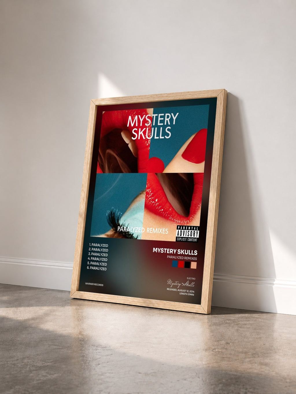 #bois Tableau de l'album Paralyzed Remixes de Mystery Skulls vu de trois quarts, cadre en bois brut