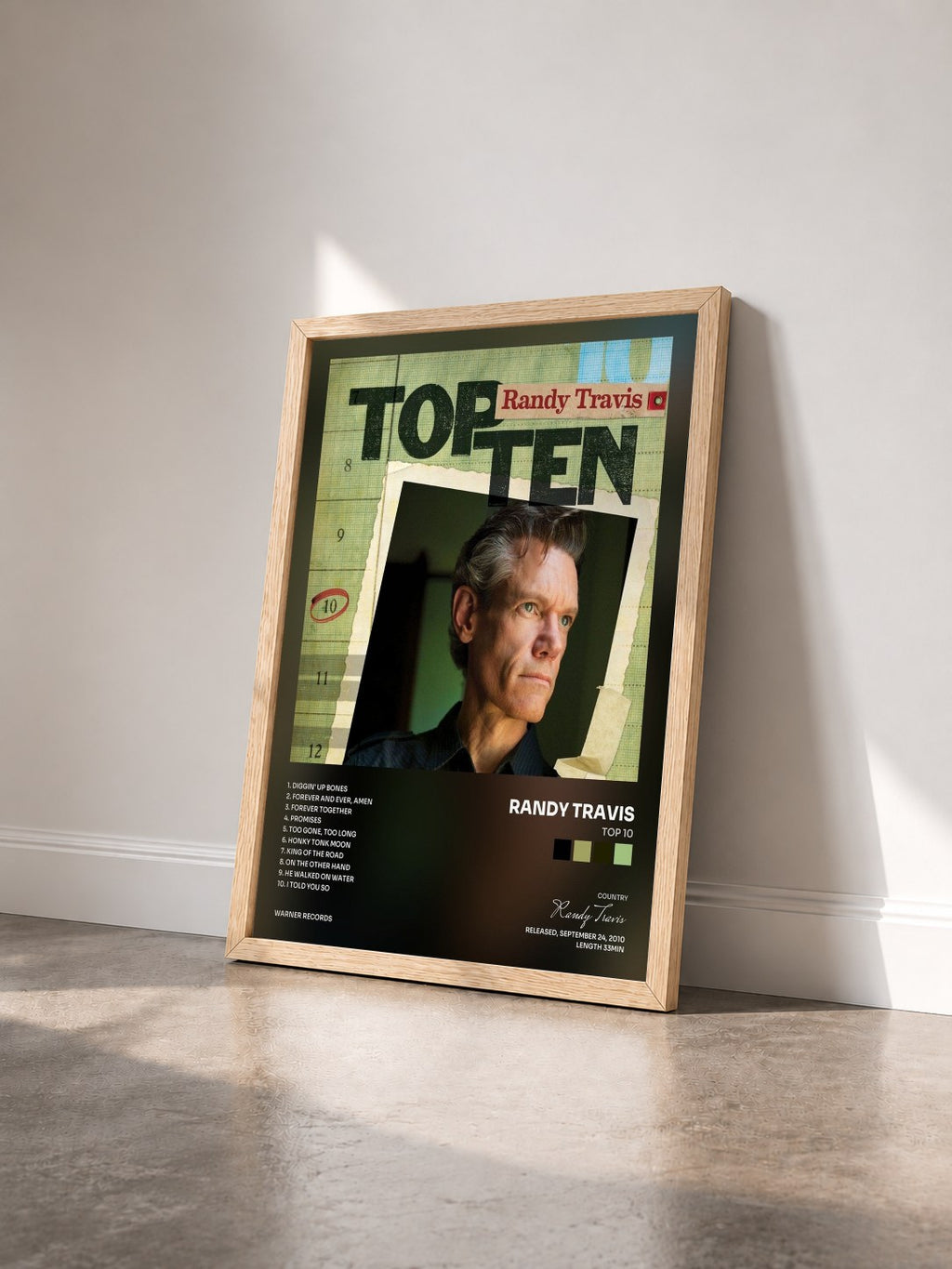 #bois Tableau de l'album Top 10 de Randy Travis vu de trois quarts, cadre en bois brut