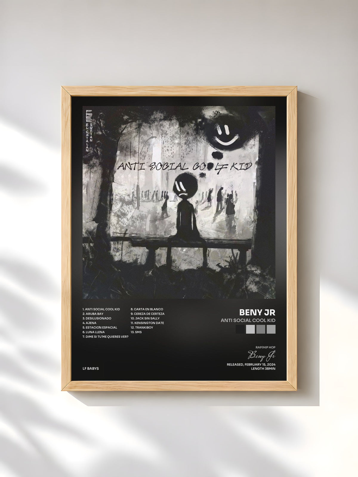 #bois Tableau de l'album Anti Social Cool Kid de Beny Jr, cadre en bois brut, imprimé et encadré en France