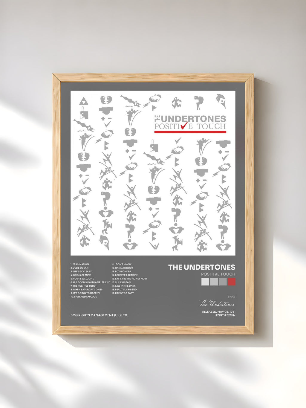 #bois Tableau de l'album Positive Touch de The Undertones, cadre en bois brut, imprimé et encadré en France