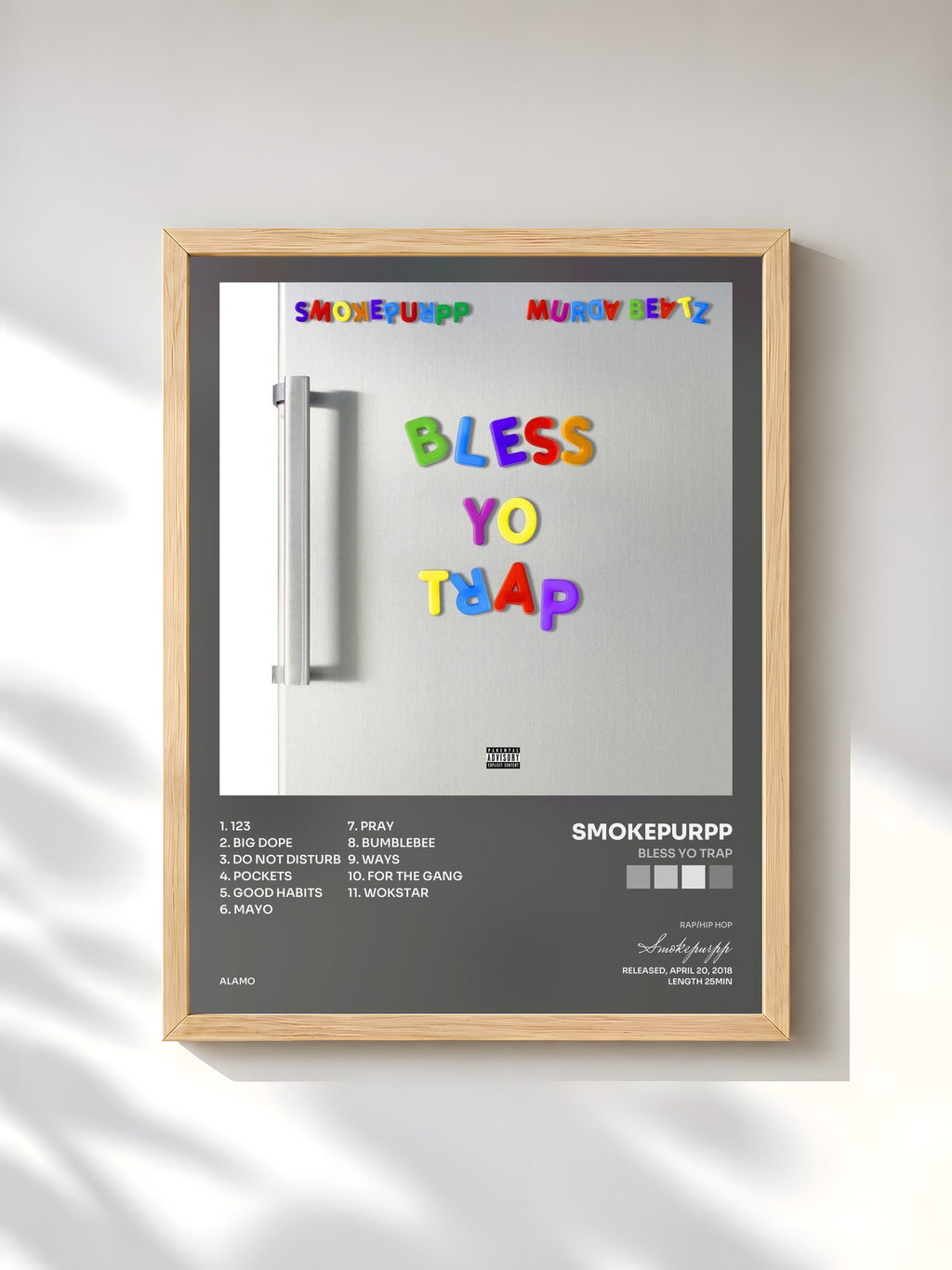 #bois Tableau de l'album Bless Yo Trap de Smokepurpp, cadre en bois brut, imprimé et encadré en France