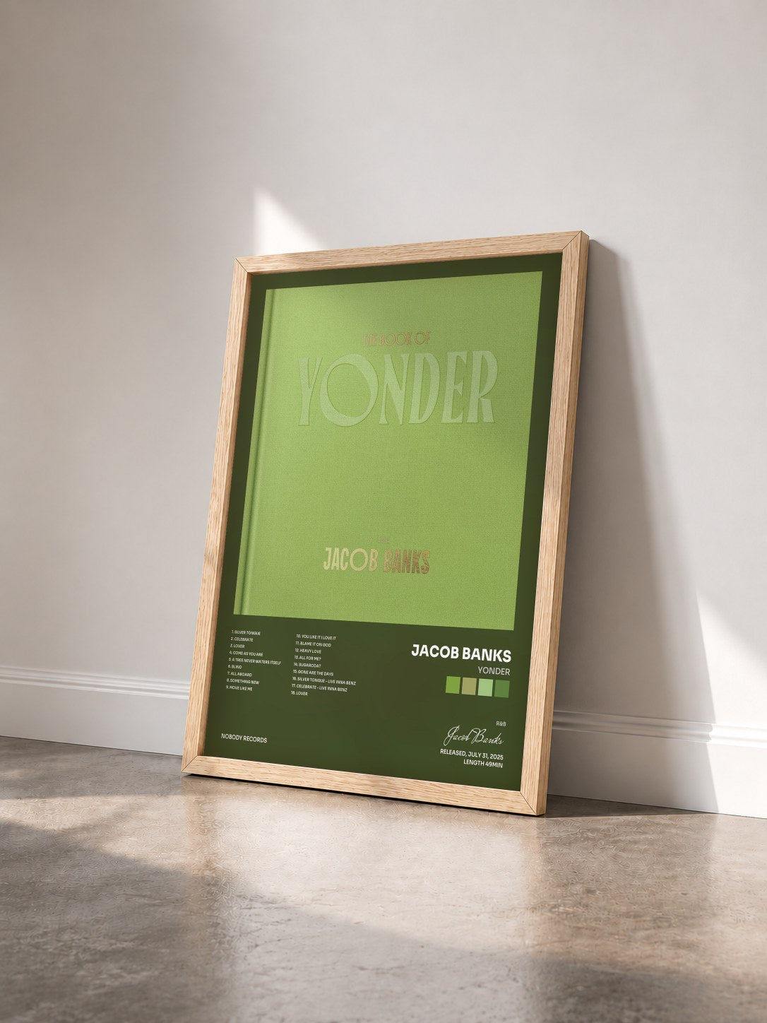 #bois Tableau de l'album Yonder de Jacob Banks vu de trois quarts, cadre en bois brut