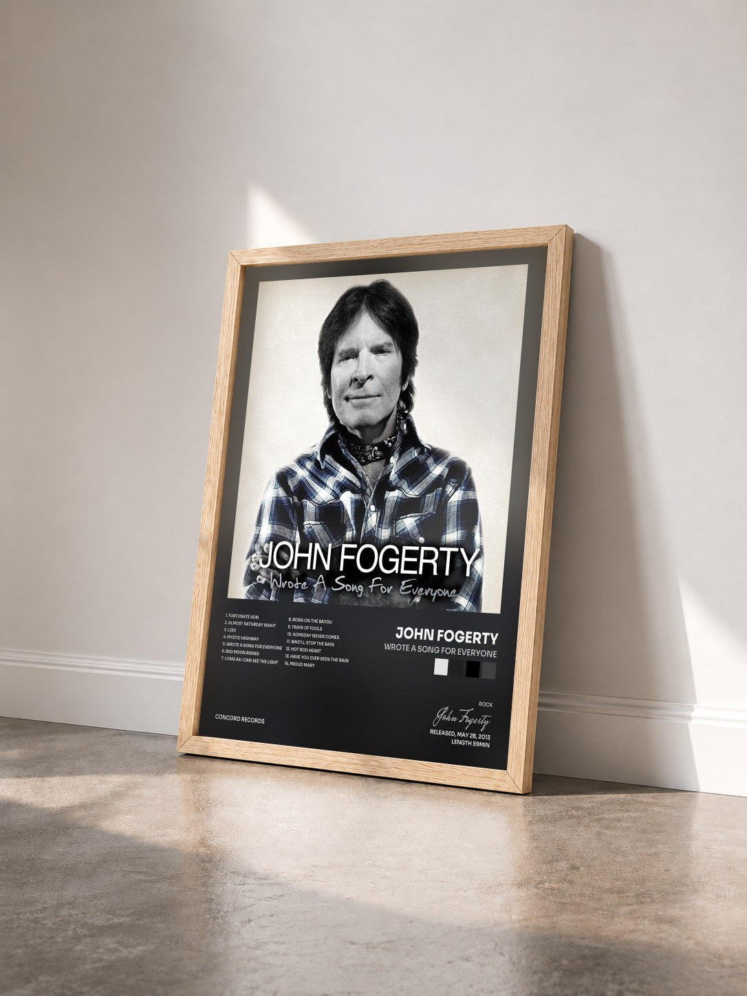 #bois Tableau de l'album Wrote A Song For Everyone de John Fogerty vu de trois quarts, cadre en bois brut