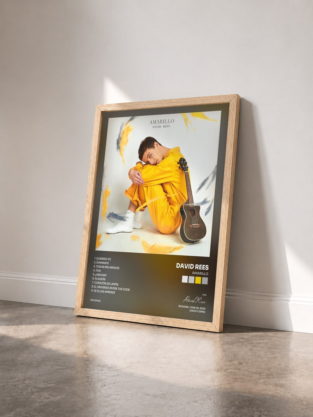 #bois Tableau de l'album Amarillo de David Rees vu de trois quarts, cadre en bois brut