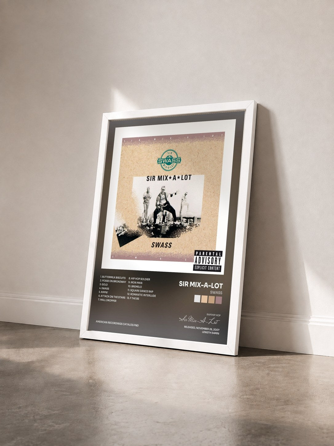 #blanc Tableau de l'album Swass de Sir Mix-A-Lot vu de trois quarts, cadre blanc