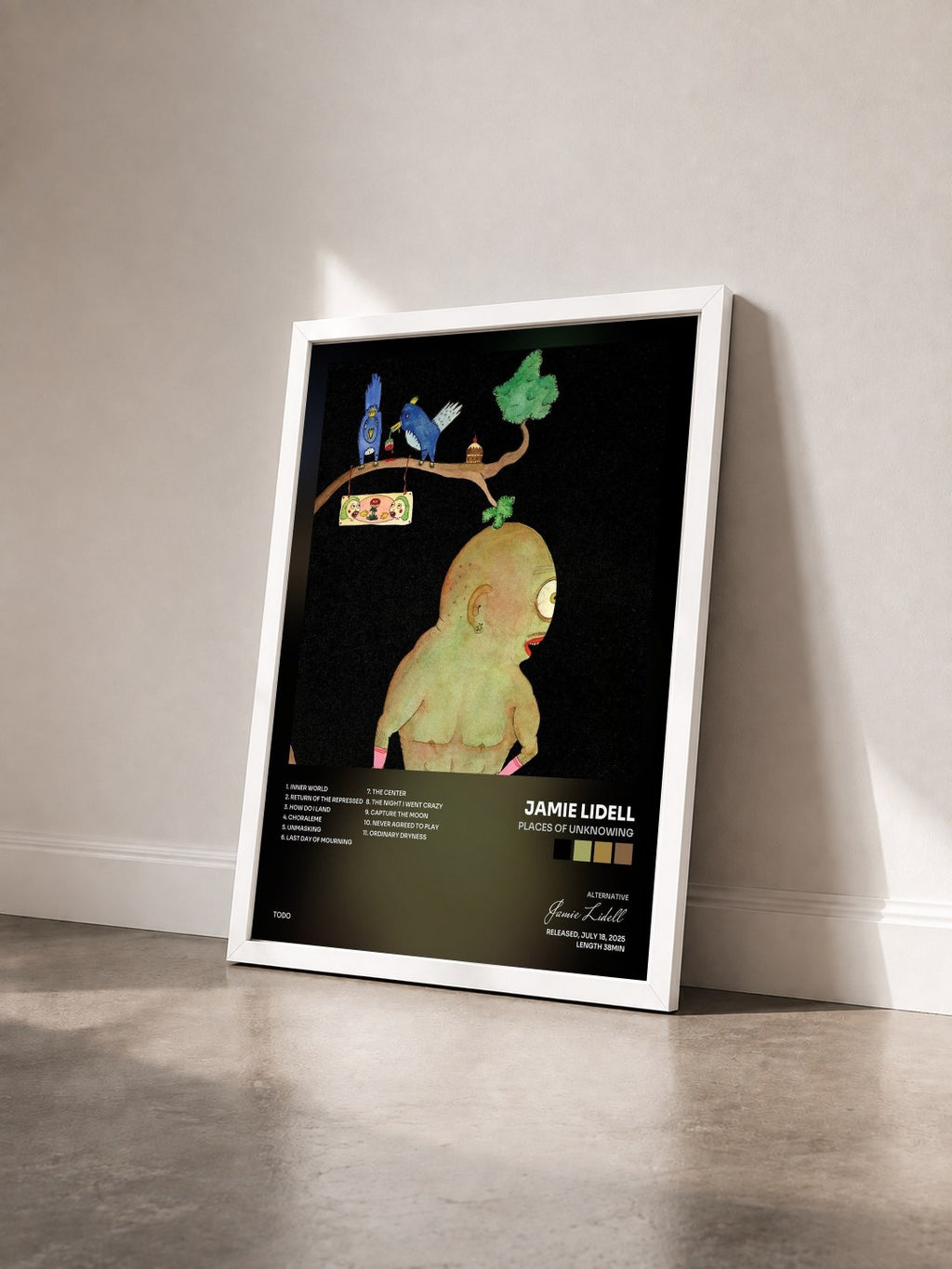 #blanc Tableau de l'album Places of Unknowing de Jamie Lidell vu de trois quarts, cadre blanc