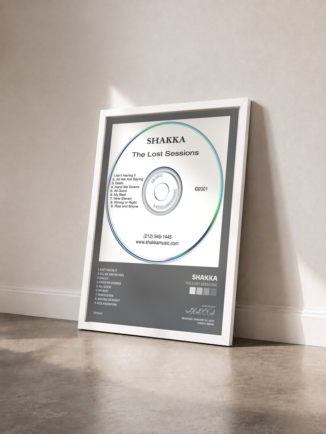 #blanc Tableau de l'album The Lost Sessions de SHAKKA vu de trois quarts, cadre blanc